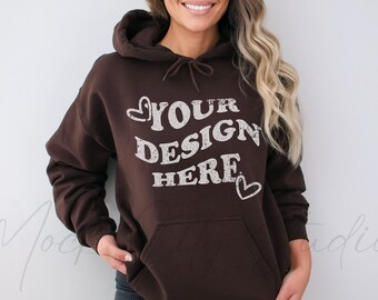 Gildan 18500 Dark Chocolate Hoodie Mockup, Gildan Hoodie Mockup, Dark Brown Hooded Sweatshirt Mockup, Model Mockup, oversized Hooded mockup