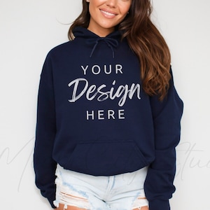 Gildan 18500 Navy Hooded Sweatshirt Mockup, Gildan Hoodie Mockup Navy Blue Hooded Sweatshirt Model Mockup