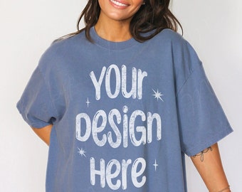 Comfort Colors C1717 Blue Jean Shirt Mockup, Oversized Mockup, Blue Jean Tshirt Mockup, Comfort Colors Model Mockup