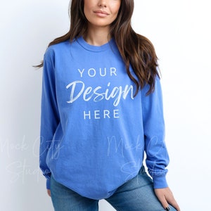 Comfort Colors 6014 Flo Blue Long sleeve Shirt Mockup, Long Sleeved Comfort Colors Mock, Model Mockup, Tshirt Mockups Flo blue