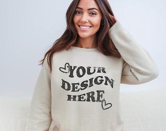 Gildan 18000 Mockup, Sand Gildan 18000 Mockup, Gildan Crewneck Mockup, Model Mockup,