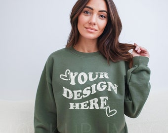 Gildan 18000 Mockup, Military Green Gildan 18000 Mockup, Gildan Crewneck Mockup, Model Mockup