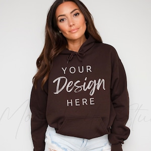 Gildan 18500 Dark Chocolate Hooded Sweatshirt Mockup, Gildan Hoodie Mockup Dark Chocolate Brown Hooded Sweatshirt Model Mockup