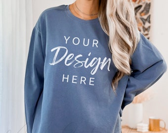 Comfort Colors 1566 Blå Jeansmodell, Comfort Colors Sweatshirtmodell, Blå Jeans Crewneck, Överdimensionerad Modell