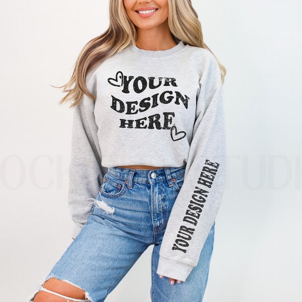 Gildan Sleeve Mockup, Ash Gildan 18000 Mockup, Gildan Arm Mockup, Model Mockup, Crewneck Sleeve Print