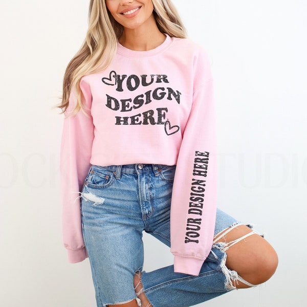 Gildan Sleeve Mockup, Light Pink Gildan 18000 Mockup, Gildan Arm Mockup, Model Mockup, Crewneck Sleeve Print