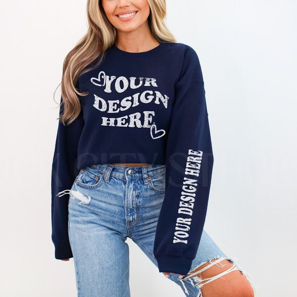 Gildan Sleeve Mockup, Navy Blue Gildan 18000 Mockup, Gildan Arm Mockup, Model Mockup, Crewneck Sleeve Print