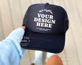 Black Foam Trucker Hat Mockup, OTTO CAP 5 Panel High Crown Mesh Back Trucker Hat, Baseball Hat Mockup, Solid Black Mesh Trucker Cap Mockup