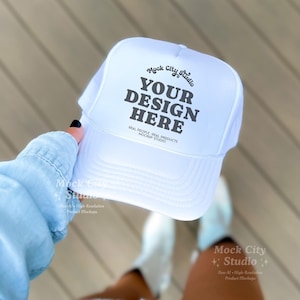 White Foam Trucker Hat Mockup, OTTO CAP 5 Panel High Crown Mesh Back Trucker Hat, Baseball Hat Mockup, Solid White Mesh Trucker Cap Mockup