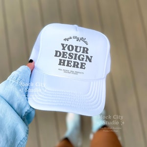 White Foam Trucker Hat Mockup, OTTO CAP 5 Panel High Crown Mesh Back Trucker Hat, Baseball Hat Mockup, Solid White Mesh Trucker Cap Mockup