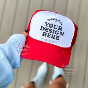 Red and White Foam Trucker Hat Mockup, OTTO CAP 5 Panel High Crown Mesh Back Trucker Hat, Baseball Hat Mockup, Mesh Trucker Cap Mockup