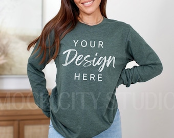 Heather Forest Long Sleeve Tshirt Bella Canvas 3501 Mockup, 3501 Tshirt Mockup, Model Bella Canvas 3501 Mocks, Model Mockup, Tee Mockup