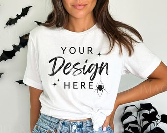 White Bella Canvas 3001, Tshirt Mockup, weißes Shirt Mockup, Herbst Mockup, Model Mockup, Halloween T-Shirt Mockup