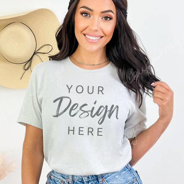 Silver Bella Canvas 3001 Mockup Tshirt Mock, Styled Shirt Mockup Model Womens Tee Mock, Silver Bella Canvas