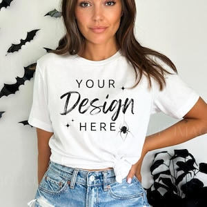 White Bella Canvas 3001, Tshirt Mockup, weißes Shirt Mockup, Herbst Mockup, Model Mockup, Halloween T-Shirt Mockup