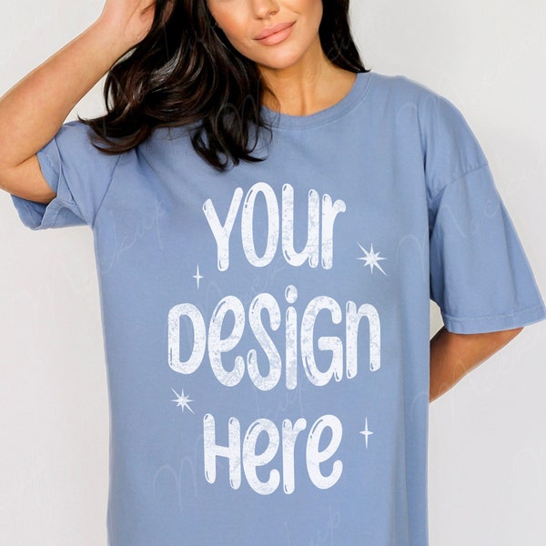 Comfort Colors C1717 Washed Denim Shirt Mockup, Oversized Mockup, Washed Denim Tshirt Mockup, Comfort Colors Model Mockup