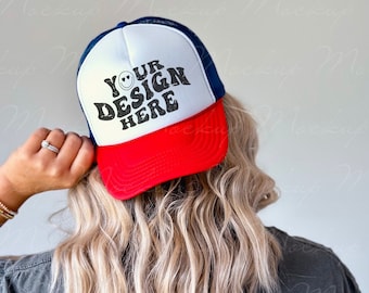 Blue and Red Foam Trucker Hat Mockup, Otto Cap Mock up, Red White and Blue Baseball Hat Mockup, Mesh Trucker Cap Mockup, Fourth of July Hat