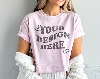 Comfort Colors C1717 Blossom TShirt Mockup Pink Blossom Comfort Color Shirt Mock up minimalist model mockup shirt