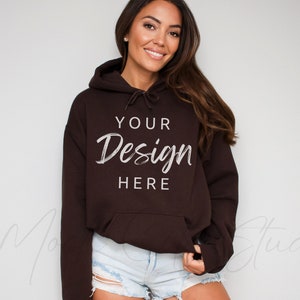 Gildan 18500 Dark Chocolate Hooded Sweatshirt Mockup, Gildan Hoodie Mockup Dark Chocolate Brown Hooded Sweatshirt Model Mockup