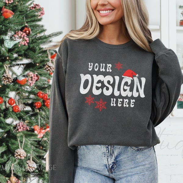 Christmas Comfort Colors 1566 Pepper Mockup - Comfort Colors Sweatshirt Mockup - Pepper Gray Mockup - Holiday Mockup