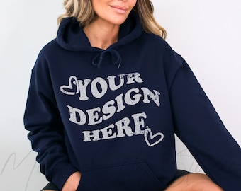 Gildan 18500 Navy Hoodie Mockup, Gildan Hoodie Mockup, Navy Blue Hooded Sweatshirt Mockup, Model Mockup, oversized mockup