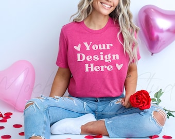 Heather Raspberry Valentines Day Mockup, Bella Canvas 3001 Raspberry Mockup, 3001 Tshirt Mockup, Model Mockup