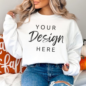 Gildan 18000 Sweatshirt Mockup - White Sweatshirt Mockup - Heavy Blend Sweatshirt - Model Mockup - Fall Mockup - Halloween Mockup - Autumn