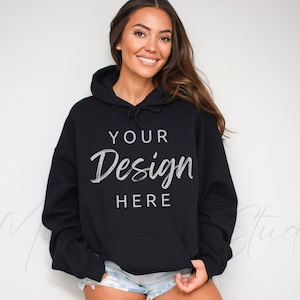 Gildan 18500 Black Hooded Sweatshirt Mockup, Gildan Hoodie Mockup Black Hooded Sweatshirt Model Mockup