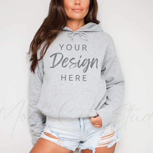 Gildan 18500 Sport Gray Hooded Sweatshirt Mockup, Gildan Hoodie Mockup Sport Grey Hooded Sweatshirt Model Mockup