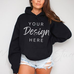 Gildan 18500 Black Hooded Sweatshirt Mockup, Gildan Hoodie Mockup Black Hooded Sweatshirt Model Mockup