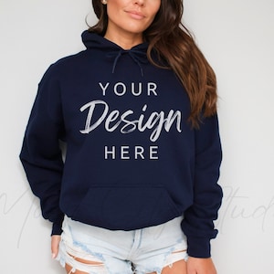 Gildan 18500 Navy Hooded Sweatshirt Mockup, Gildan Hoodie Mockup Navy Blue Hooded Sweatshirt Model Mockup