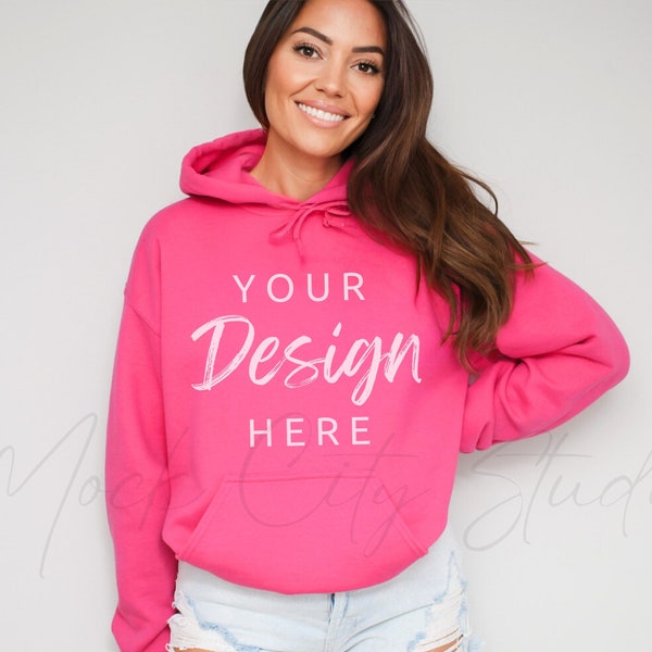 Gildan 18500 Heliconia Pink Hooded Sweatshirt Mockup, Gildan Hoodie Mockup Heliconia Hooded Sweatshirt Model Mockup