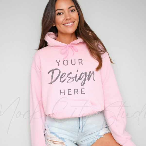 Gildan 18500 Light Pink Hooded Sweatshirt Mockup, Gildan Hoodie Mockup Light Pink Hooded Sweatshirt Model Mockup