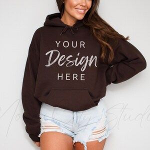 Gildan 18500 Dark Chocolate Hooded Sweatshirt Mockup, Gildan Hoodie Mockup Dark Chocolate Brown Hooded Sweatshirt Model Mockup