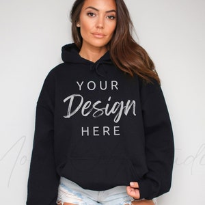 Gildan 18500 Black Hooded Sweatshirt Mockup, Gildan Hoodie Mockup Black Hooded Sweatshirt Model Mockup