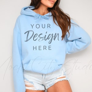 Gildan 18500 Light Blue Hooded Sweatshirt Mockup, Gildan Hoodie Mockup Light Blue Hooded Sweatshirt Model  Model Mockup