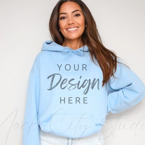 Gildan 18500 Light Blue Hooded Sweatshirt Mockup, Gildan Hoodie Mockup Light Blue Hooded Sweatshirt Model  Model Mockup