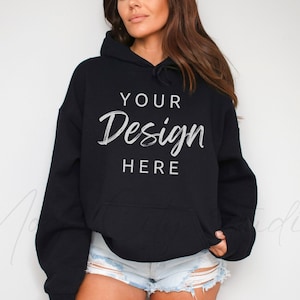 Gildan 18500 Black Hooded Sweatshirt Mockup, Gildan Hoodie Mockup Black Hooded Sweatshirt Model Mockup