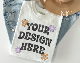 Comfort Colors 1717 White Mockup, Comfort Colors Flat Lay Mock up, C1717 White Mock, Boho Flat lay Shirt, Folded Shirt Mockup