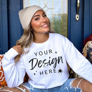 Gildan 18000 Sweatshirt Mockup - White Sweatshirt Mockup - Heavy Blend Sweatshirt - Model Mockup - Fall Mockup - Halloween Mockup - Autumn image 1
