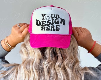 Pink Foam Trucker Hat Mockup, Otto Cap Mock up, Hot Pink Baseball Hat Mockup, Mesh Trucker Cap Mockup