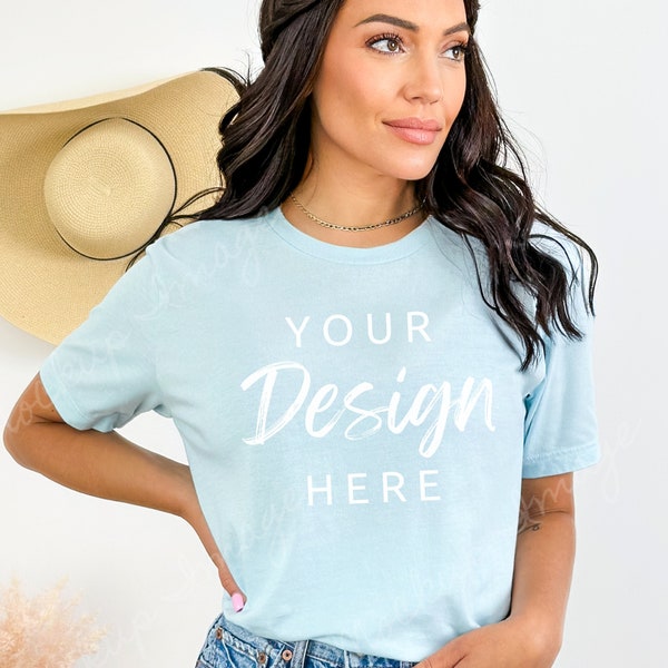 Heather Ice Blue Bella Canvas 3001 Mockup Tshirt Mock, Styled Shirt Mockup Model Womens Tee Mock, Blue Bella Canvas