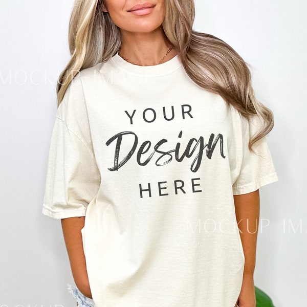 Comfort Colors C1717 Ivory Shirt Mockup - Oversized Mockup - Ivory Shirt - Ivory Comfort Color Shirt Mock - Model Mock up