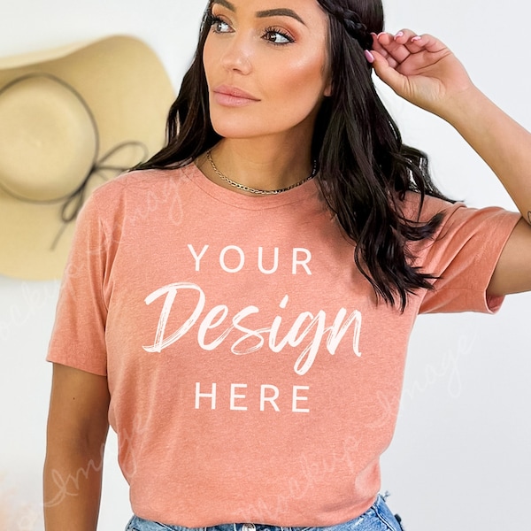 Heather Sunset Bella Canvas 3001 Mockup Tshirt Mock, Styled Shirt Mockup Model Womens Tee Mock, Orange Bella Canvas