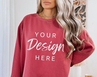 Comfort Colors 1566 Crimson Mockup, Comfort Colors Sweatshirt Mockup, Crimson Red Crewneck