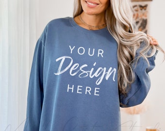 Comfort Colors 1566 Blå Jeansmodell, Comfort Colors Sweatshirtmodell, Blå Jeans Crewneck, Överdimensionerad Modell