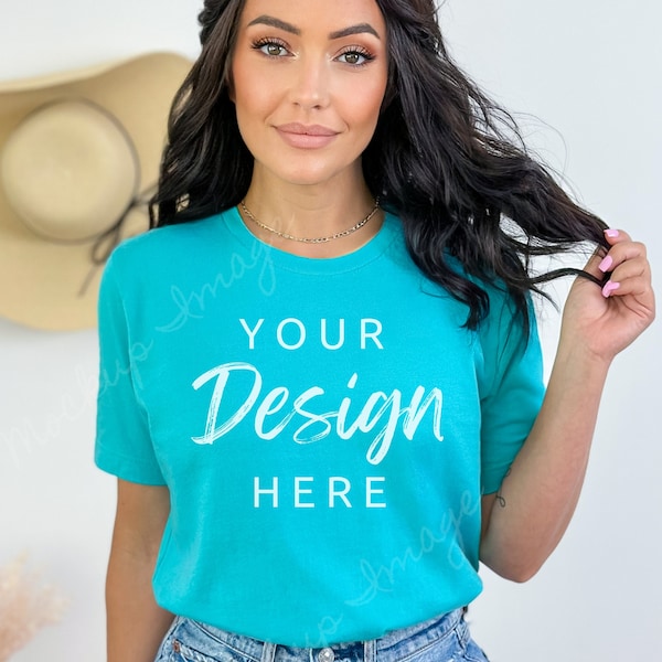 Teal Bella Canvas 3001 Mockup Tshirt Mock, Styled Shirt Mockup Model Womens Tee Mock, Teal Bella Canvas