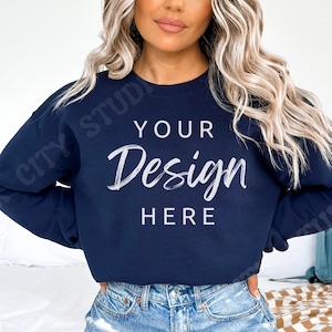 Navy Gildan 18000 Mockup Navy Blue Sweatshirt Mockup Sweatshirt Model Mockup Gray Gildan Crewneck Mockups
