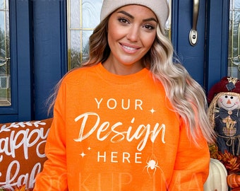 Gildan Orange 18000 Sweatshirt Mockup - Sweatshirt Mockup - Heavy Blend Gildan - Model Mockup - Fall Mockup - Halloween Mockup - Autumn