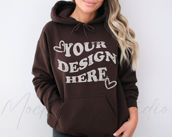 Gildan 18500 Dark Chocolate Hoodie Mockup, Gildan Hoodie Mockup, Dark Brown Hooded Sweatshirt Mockup, Model Mockup, oversized Hooded mockup